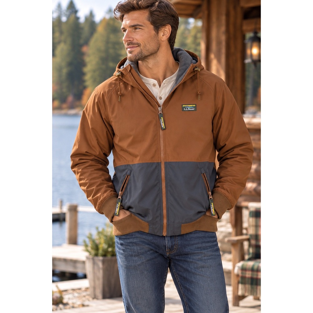 LL Bean Mens Insulated 3 Season Hooded Jacket Hazelnut Alloy S 515685 NWT